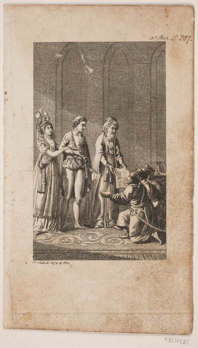 Illustration med et ungt par med en orientaler og tre knælende tyrkiske soldater af Georg Christian Schule
