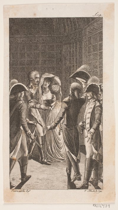 Illustration med fem militærpersoner og en dame af Georg Christian Schule