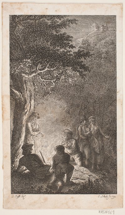 Illustration med figurer om et bål af Georg Christian Schule