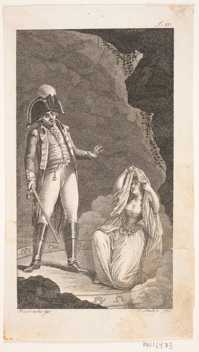 Illustration med officer og knælende dame af Georg Christian Schule