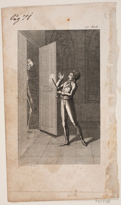 Illustration med ung mand og skelet af Georg Christian Schule