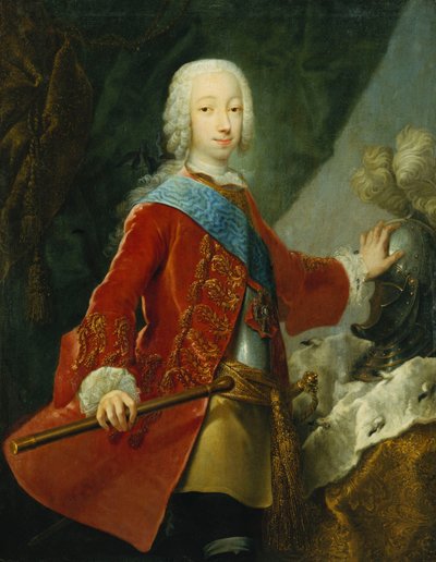 Portræt af en herre, sandsynligvis storhertugen Peter Fedorovich, senere zar Peter III, stående trekvart længde, iført en rød broderet jakke, brystskjold og Saint Annes emblem, holder en stafet, hans hånd hviler på en hjelm på et bord med af Georg Christoph Grooth