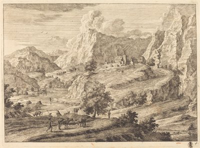 Bjergrigt Landskab med Figurer og et Kloster af Georg Eisenmann