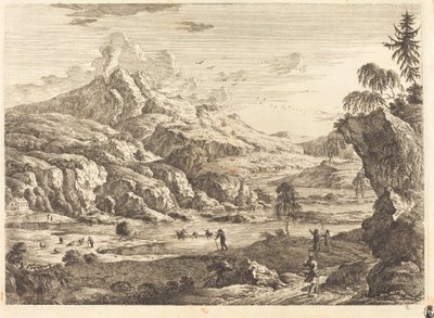 Bjergrigt flodlandskab med figurer af Georg Eisenmann
