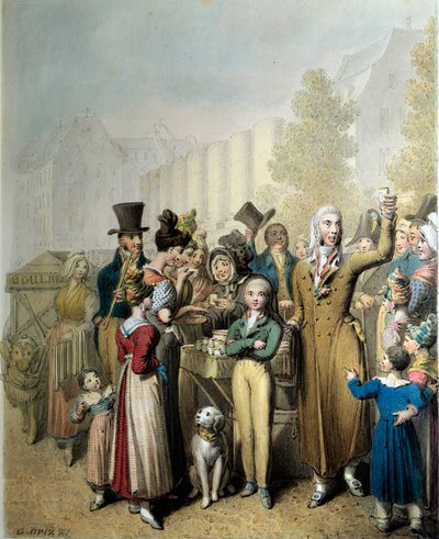 Boulevard de la Madeleine, charlatanen Litografi af George Emanuel Opitz (1775-1841) 1831 Paris. Karnevalsmuseet af Georg Emanuel Opitz