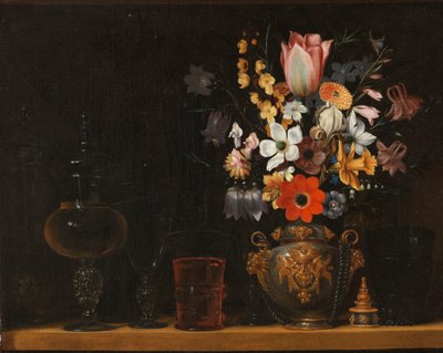 Stilleben med en buket blomster og glaspokaler af Georg Flegel