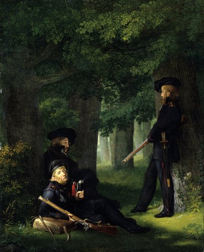 Tysk: Theodor Körner, Friedrich Friesen og Heinrich Hartmann på Outpost At the Outpost af Georg Friedrich Kersting