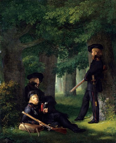 ""Les avant-poste"" (Forposttjeneste) (Portrætter af Theodor Koerner (1791-1813, digter og preussisk militær), Karl Friedrich Friesen (1784-1814, pædagog og franc-skytte) og Heinrich Hartmann) Maleri af Georg Friedrich Kersting (1785-1847) 1815 Dim 46x35 c af Georg Friedrich Kersting