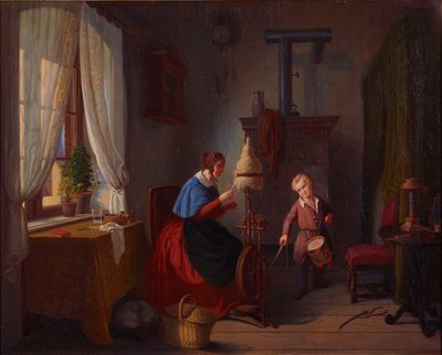 Kvinde ved spindehjulet og trommedreng med sabel af Georg Friedrich Kersting