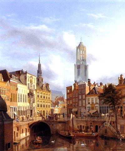 Utrecht med Oudegracht, 1827 olie på lærred af Georg Gillis van Haanen