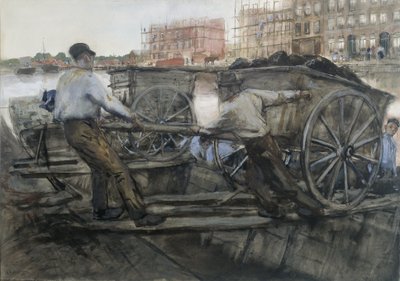 Arbejdere trækker en tungt læssende vogn på Jacob van Lennepkade, Amsterdam, 1900 af George Hendrik Breitner
