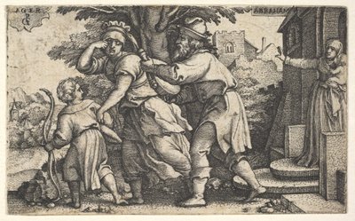 Abraham sender Hagar og Ismael væk: Abraham holder et kar frem som Hagar og Ishm..., ca. 1543. af Georg Pencz