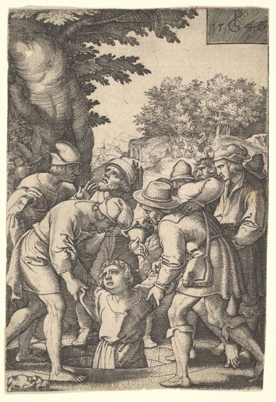 Joseph sænket ned i en brønd af sine brødre, fra serien The Story of Joseph, 1546. af Georg Pencz