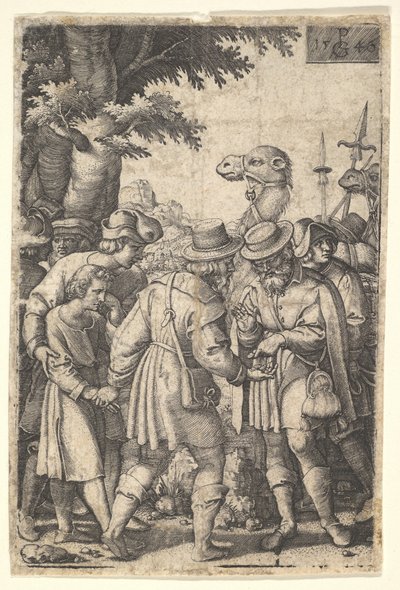 Joseph solgte til købmændene: en skægget mand, der griber Joseph med sin venstre hånd, modtager co..., 1546. af Georg Pencz
