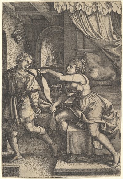 Joseph skrider væk fra Potifars kone, som griber om hans kappe med begge hænder, mens hun st..., 1546. af Georg Pencz