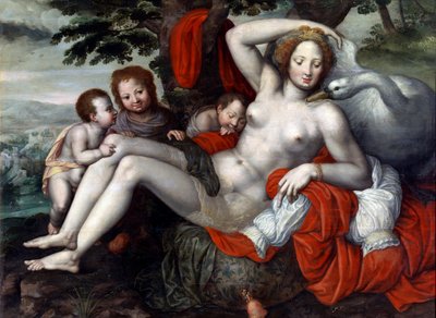 ""Leda and the Swan"" - Leda and the Swan af Pencz, Georg (Jorg) (1500/02-1550), midten af ​​det 16. århundrede. - Olie på træ, 92x126 - Museum of the Meadow, Madrid af Georg Pencz