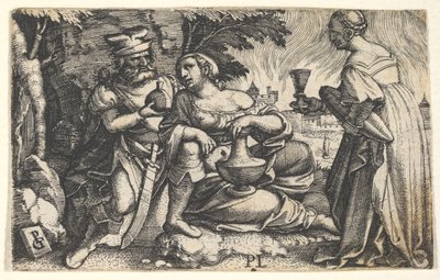 Lot og hans døtre: en datter i midten hviler sin højre arm på Lots knæ og en ve..., ca. 1531. af Georg Pencz