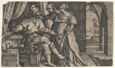 Sarah præsenterer Hagar for Abraham, der sidder ved fodenden af en seng, fra serien The..., ca. 1543. af Georg Pencz