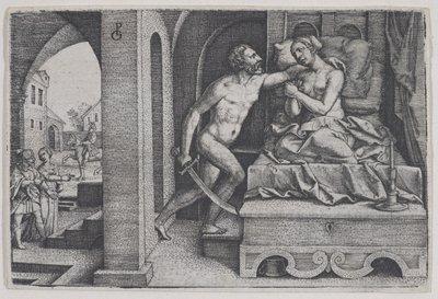 Tarquinius voldtager Lucretia, fra Scener fra romersk historie. af Georg Pencz