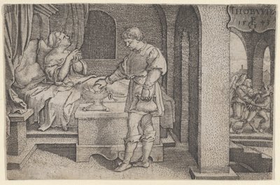 Tobiolus bringer et forsoningsoffer, fra The Story of Tobias, 1543. af Georg Pencz