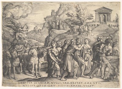 Kærlighedens triumf: fire heste trækker en vogn med Amor stående på en rygende platform..., ca. 1539. af Georg Pencz
