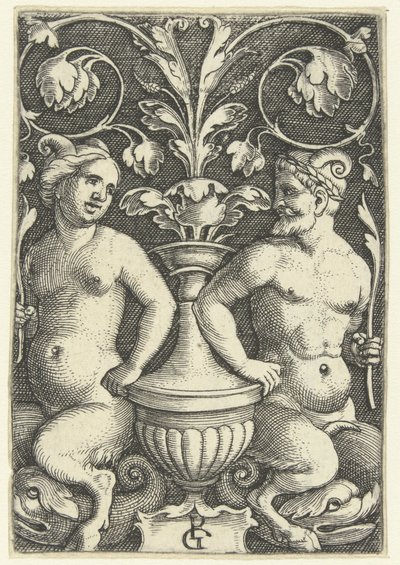 Kvinde og mandlig satyr Overfladedekorationer med grotesker og bladranker (serietitel) af Georg Pencz