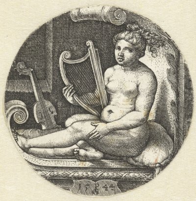 Siddende nøgen kvinde med en harpe harpespiller af Georg Pencz
