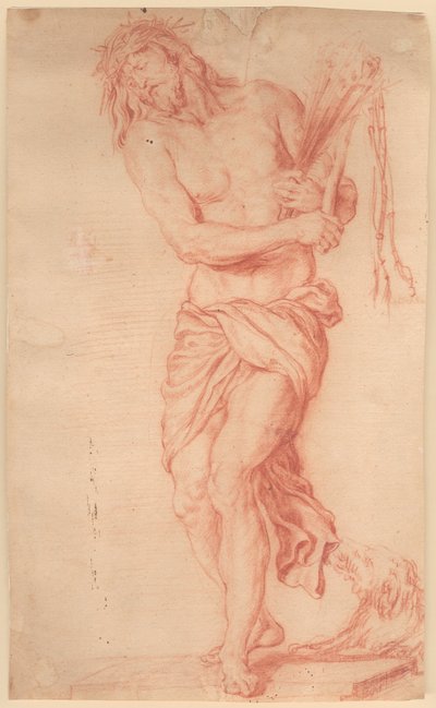 Ecce Homo. Stående, lidende Kristus med ris og knudepisk samt tornekrone på hovedet af Georg Petel