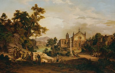 Italiensk landskab med pilgrimme af Georg Petzolt