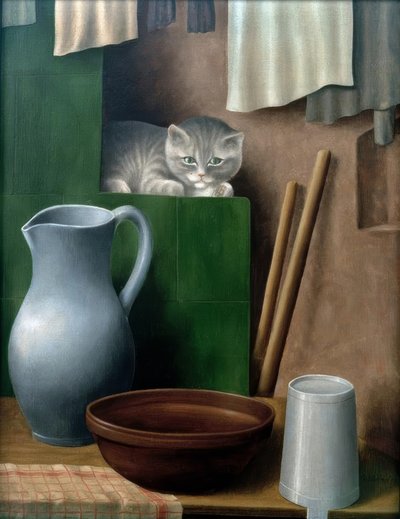 Stilleben med en kat (ovnhjørne) af Georg Schrimpf