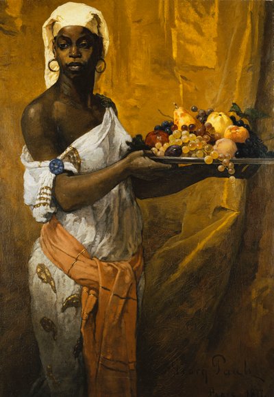 En sort kvinde holder en frugtsalver af Georg Vilhelm Pauli