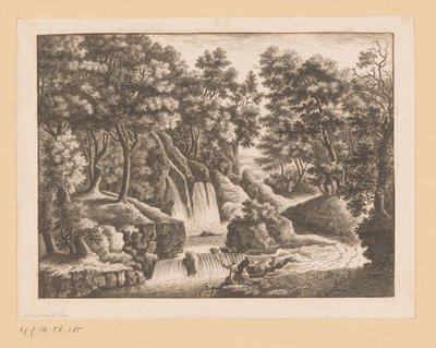 Vandfald i skov med to fiskere i forgrunden af Georg Wolfgang Knorr (possibly)