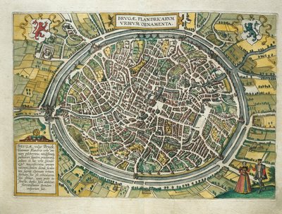 Belgien, Brugge-kort fra Verdensbyer af Georg Braun (1541-1622) og Franz Hogenberg (1540-1590), Köln, gravering af Georg Braun and Hogenberg Franz