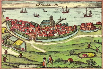 Stadt Landskrona, ein anti-hanseatischer Hafen, Dänemark von Georg and Hogenberg Franz (1535-90) Braun