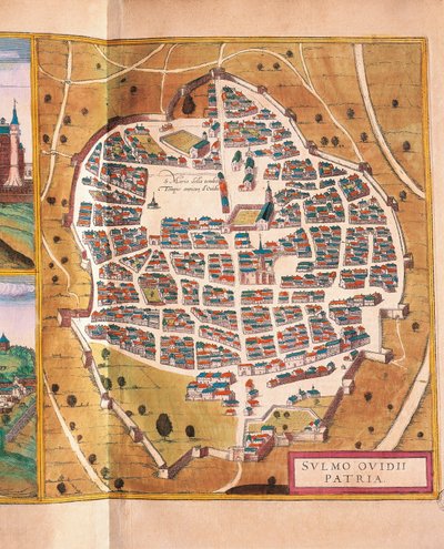 Italien, Sulmona, Byen Sulmona fra Civitates Orbis Terrarum af Georg Braun og Franz Hogenberg, kobberstik af Georg Braun and Hogenberg Franz