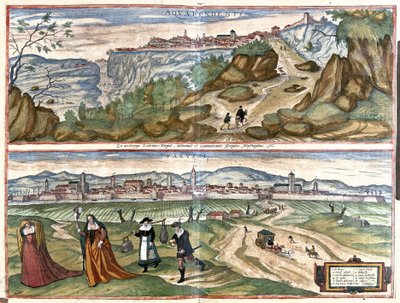 Acquapendente (provinsen Viterbo) og Treviso, Italien (gravering af Georg Braun and Hogenberg Franz