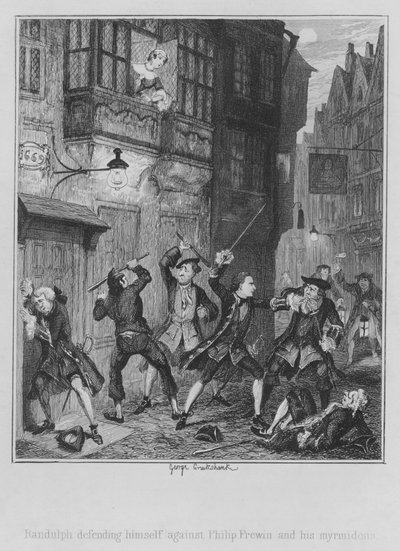 Randulph forsvarer sig mod Philip Frewin og hans myrmidoner (gravering) af George (after) Cruikshank