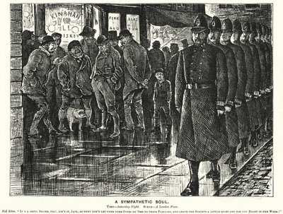 Punch tegneserie: A Sympathetic Soul - politi i Londons slumkvarterer (gravering) af George (after) Du Maurier