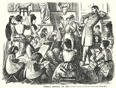 Punch tegneserie: Female School of Art (nyttig beskæftigelse for ledige og dekorative unge mænd) (gravering) af George (after) Du Maurier
