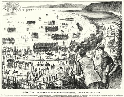 Punch tegneserie: Lavvande på Scarborough Sands - Badning under vanskeligheder (gravering) af George (after) Du Maurier