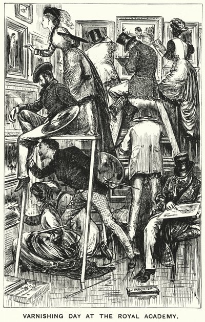 Punch tegneserie: Varnishing Day at the Royal Academy (gravering) af George (after) Du Maurier