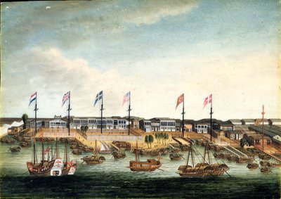 The Hongs at Canton, før 1820 (olie på elfenben) af George (follower of) Chinnery