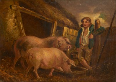 Pasning af præmiegrisene (olie om bord) af George (follower of) Morland