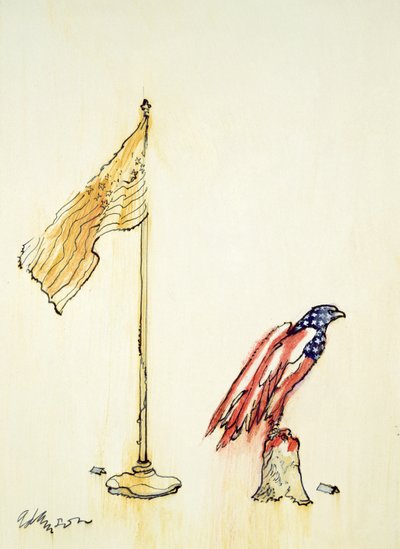 American Eagle får amerikansk flagfarvning, 1985 (pen & farvevask ombord) af George Adamson