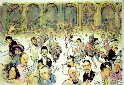 Berømte ansigter udenfor Florians på Piazza San Marco, Venedig, ca. 1990 (gouache på hardboard med blæk på acetat-overlay) af George Adamson