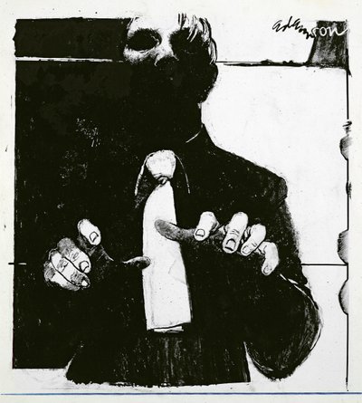 Illustration for Nursing a Blind Patient en artikel i Nursing Times, offentliggjort 30. oktober 1975 (blæk på acetat) af George Adamson