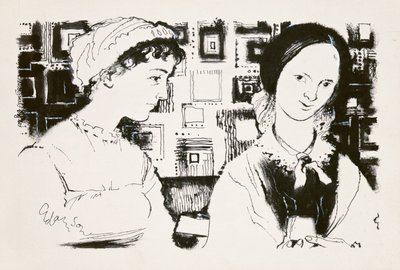 Jane Austen (1775-1817) og Charlotte Bronte (1816-55) - et imaginært møde (indisk blæk om bord) af George Adamson