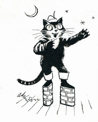 Puss in (murstensplatform) støvler (blæk på gennemsigtighed over hvidt kort) af George Adamson