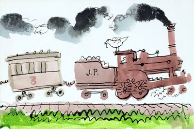 The Steam Train, Part I, 1952 (indisk blæk og pen & vask på papir) af George Adamson