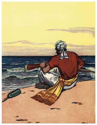 En pirat forlader på en øde ø ser på horisontlinjen Illustration fra "The Boys Books of Pirates"" af George Albert Williams (1875-1932) 1914 af George Alfred Williams